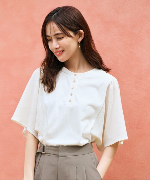 grove(グローブ)の「◆<接触冷感・UVカット・前後2WAY>異素材スリーブプルオーバー(Tシャツ/カットソー・レディース・レンガ/モスグリーン/オフホワイト/ブラック・02/03/04/05/01)」の2枚目の写真