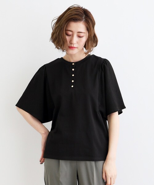 grove(グローブ)の「◆<接触冷感・UVカット・前後2WAY>異素材スリーブプルオーバー(Tシャツ/カットソー・レディース・レンガ/モスグリーン/オフホワイト/ブラック・02/03/04/05/01)」の3枚目の写真