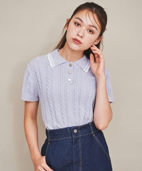 31 Sons de mode（トランテアン　ソン　ドゥ　モード）の「配色ラインサマーケーブルポロニット（ニット/セーター・レディース・オフホワイト/ネイビー/ラベンダー・フリー）」の3枚目の写真