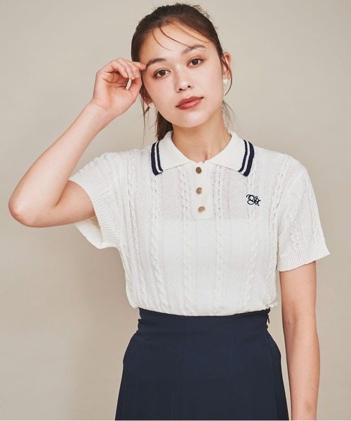 31 Sons de mode（トランテアン　ソン　ドゥ　モード）の「配色ラインサマーケーブルポロニット（ニット/セーター・レディース・オフホワイト/ネイビー/ラベンダー・フリー）」の2枚目の写真