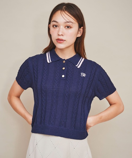 31 Sons de mode（トランテアン　ソン　ドゥ　モード）の「配色ラインサマーケーブルポロニット（ニット/セーター・レディース・オフホワイト/ネイビー/ラベンダー・フリー）」の11枚目の写真