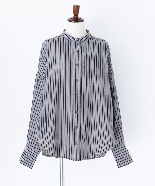 ANASOLULE ストライプノーカラーシャツ！ ミリタリー！日本製！L〜XL バンドカラーストライプ柄シャツ』（シャツ/ブラウス）｜n