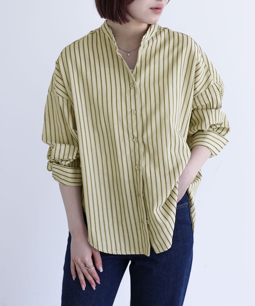 n'OrLABEL（ノアールレーベル）の「『バンドカラーストライプ柄シャツ』（シャツ/ブラウス・レディース・ネイビー/ブラウン/グリーン・1/2）」の20枚目の写真