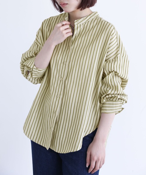 ANASOLULE ストライプノーカラーシャツ！ ミリタリー！日本製！L〜XL 90's~ COLISEUM BLUES バンドカラー ボールドストライプシャツ