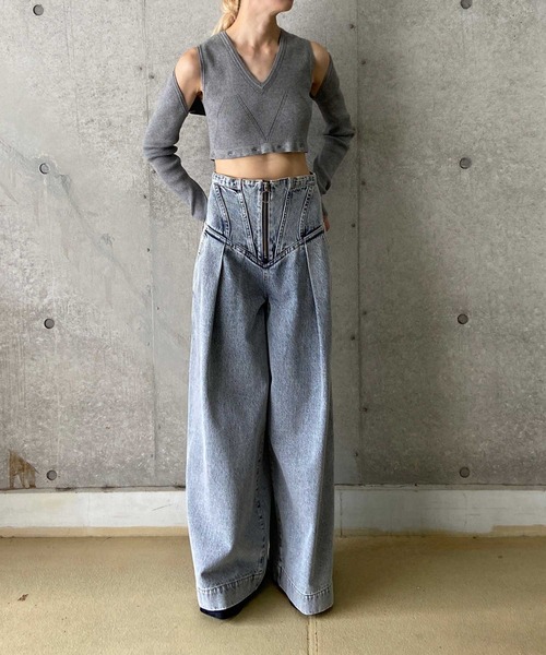 THINGS THAT MATTER（シングス ザット マター）の「CORSET WAIST DENIM WIDE PANTS / コルセットウエストデニムワイドパンツ（デニムパンツ・レディース・ブラック/ブルー・1/2）」の6枚目の写真