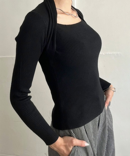 Jewelobe(ジュエローブ)の「2wayボレロドッキングタイトリブニットトップス(ニット/セーター・レディース・ブラック/ブラウン・FREE)」の2枚目の写真