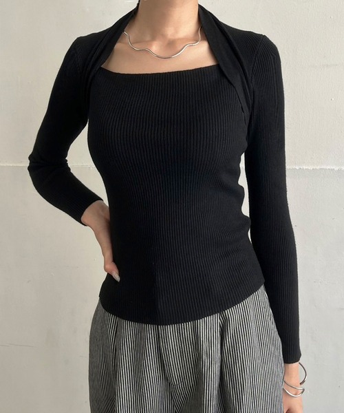 Jewelobe(ジュエローブ)の「2wayボレロドッキングタイトリブニットトップス(ニット/セーター・レディース・ブラック/ブラウン・FREE)」の6枚目の写真