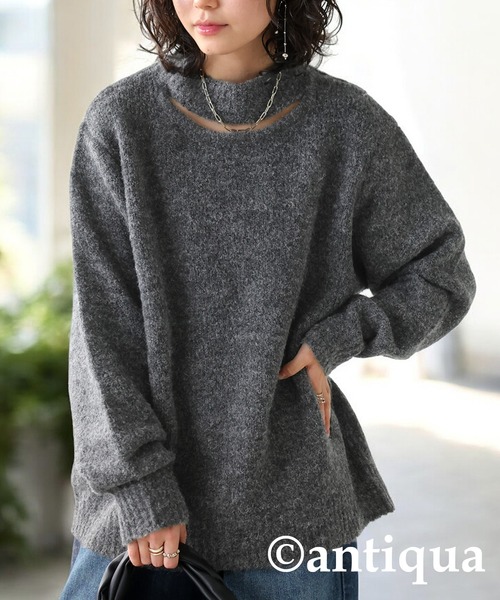 antiqua(アンティカ)の「肌見せハイネックニット(ニット/セーター・レディース・グリーン/グレー/ベージュ・ONESIZE)」の4枚目の写真