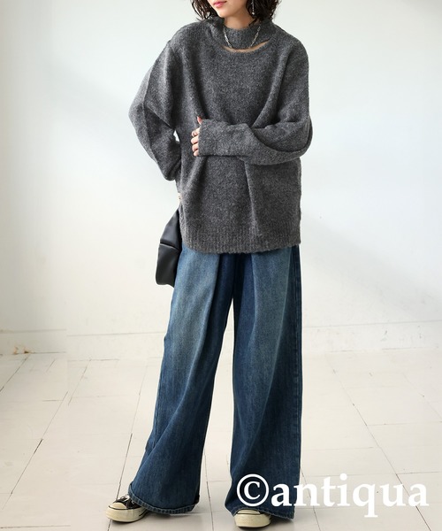 antiqua(アンティカ)の「肌見せハイネックニット(ニット/セーター・レディース・グリーン/グレー/ベージュ・ONESIZE)」の5枚目の写真