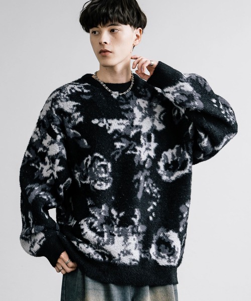 セール】新色追加 フェザーヤーン オーバーサイズフラワー柄クルー