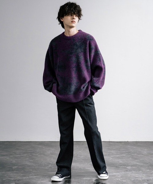 新色追加 フェザーヤーン オーバーサイズフラワー柄クルーネックニット