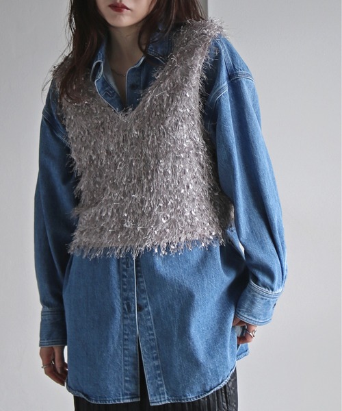 COURO（コウロ）の「リボンヤーン前後２ＷＡＹショートビスチェ（ベスト・レディース・ベージュ/モカ/グレー/ブラック・M）」の2枚目の写真