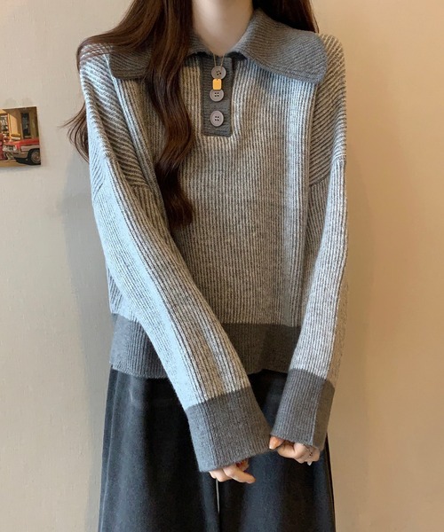 【セール】ポロカラーコントラストリブニット(ニット/セーター)|Girly Doll(ガーリードール) 【セール】ポロカラーコントラストリブニット(ニット/セーター)|Girly Doll(ガーリードール)