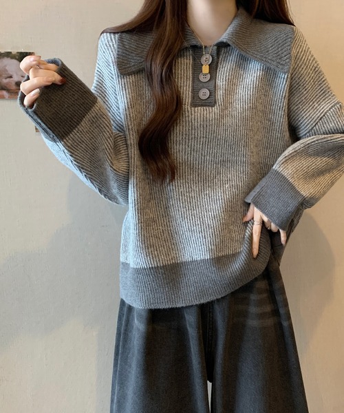 【セール】ポロカラーコントラストリブニット(ニット/セーター)|Girly Doll(ガーリードール) 【セール】ポロカラーコントラストリブニット(ニット/セーター)|Girly Doll(ガーリードール)