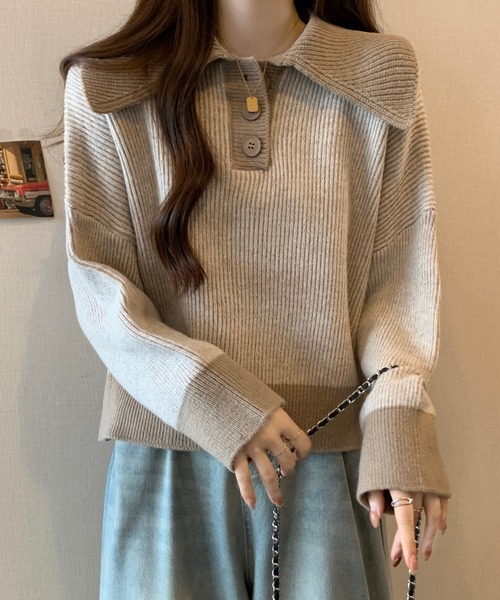 【セール】ポロカラーコントラストリブニット(ニット/セーター)|Girly Doll(ガーリードール) 【セール】ポロカラーコントラストリブニット(ニット/セーター)|Girly Doll(ガーリードール)
