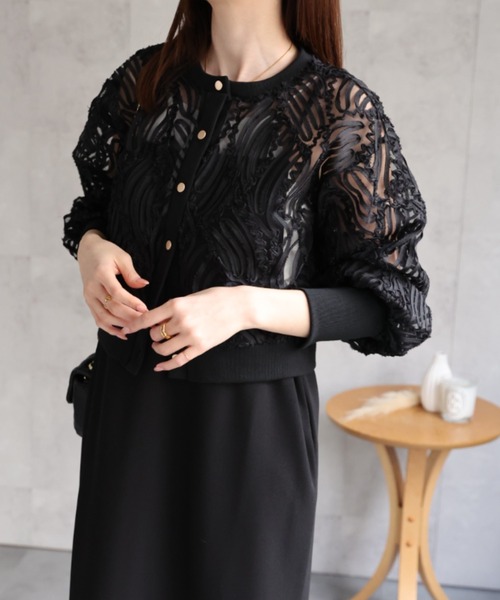 sakishimatokyo（サキシマトーキョー）の「新色追加　透かしレース/エンブロイダリーレース カーディガン（カーディガン/ボレロ・レディース・ブラック/オフホワイト/ベージュ/グレー・FREE）」の5枚目の写真