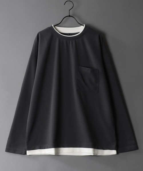 SITRY(シトリー)の「Amunzen Oversized Fake Layered T-shirt/UVカット 梨地 オーバーサイズ フェイクレイヤード ポケット 長袖Tシャツ ロンT(Tシャツ/カットソー・メンズ・ホワイト/チャコール/ブラック/ダークグリーン・LL/L/M)」の3枚目の写真
