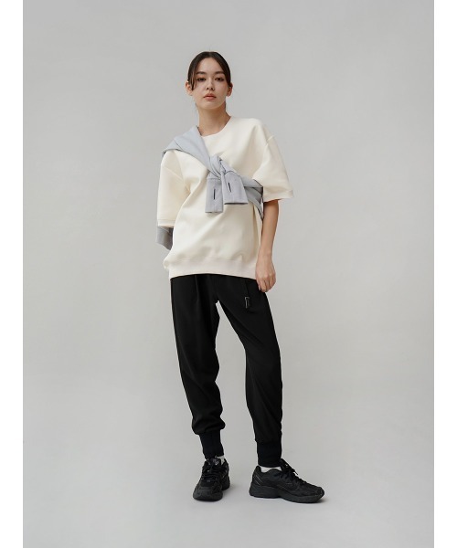 YORT(ヨート)の「ダンボール5分袖プルオーバー(Tシャツ/カットソー・レディース・杢グレー/ブラック/アイボリー・MEDIUM)」の1枚目の写真