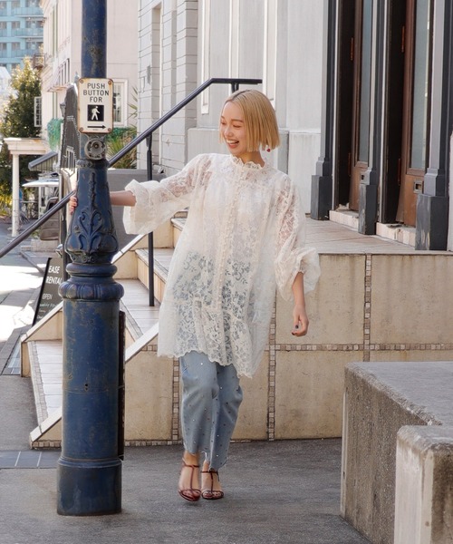 Three Four Time（ｽﾘｰﾌｫｰﾀｲﾑ）の「シアー刺繍レースチュニックブラウス（シャツ/ブラウス・レディース・アイボリー/ブラック・FREE）」の6枚目の写真