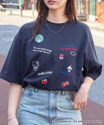 ハローキティコラボ（ハローキティコラボ）の「【HELLO KITTY】別注 ハローキティデザイン刺繍/プリント オーバーサイズ半袖Tシャツ（Tシャツ/カットソー）」