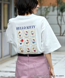 ハローキティコラボ（ハローキティコラボ）の「【HELLO KITTY】別注 ハローキティデザイン刺繍/プリント オーバーサイズ半袖Tシャツ（Tシャツ/カットソー）」