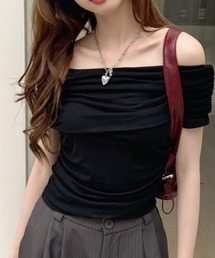 サイドギャザー ドレープデザイン オフショル トップス