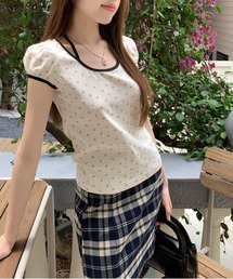レトロ 小花柄 UネックTシャツ Y2K