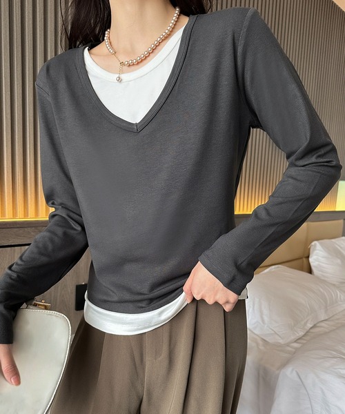 BANICO(バニコ)の「【Banico】Vネックシンプル長袖トップス(Tシャツ/カットソー・レディース・ダークグレー/チョコ/ベージュ/ブラック・FREE)」の2枚目の写真