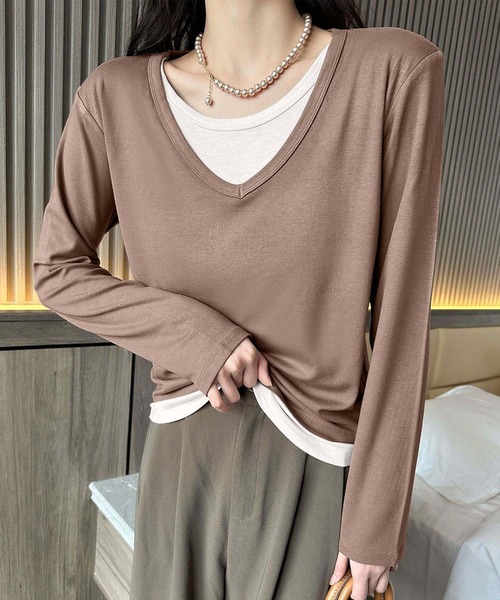 BANICO(バニコ)の「【Banico】Vネックシンプル長袖トップス(Tシャツ/カットソー・レディース・ダークグレー/チョコ/ベージュ/ブラック・FREE)」の12枚目の写真