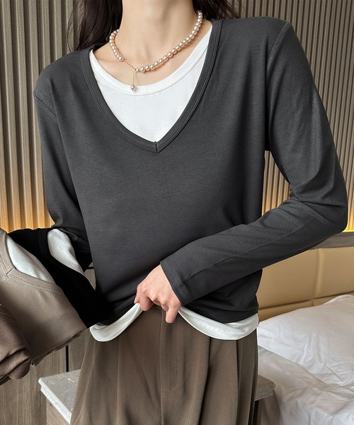 BANICO(バニコ)の「【Banico】Vネックシンプル長袖トップス(Tシャツ/カットソー・レディース・ダークグレー/チョコ/ベージュ/ブラック・FREE)」の16枚目の写真