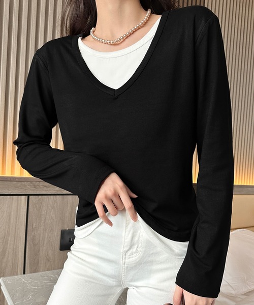 BANICO(バニコ)の「【Banico】Vネックシンプル長袖トップス(Tシャツ/カットソー・レディース・ダークグレー/チョコ/ベージュ/ブラック・FREE)」の15枚目の写真