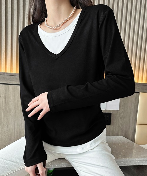 BANICO(バニコ)の「【Banico】Vネックシンプル長袖トップス(Tシャツ/カットソー・レディース・ダークグレー/チョコ/ベージュ/ブラック・FREE)」の14枚目の写真