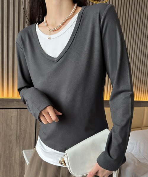 BANICO(バニコ)の「【Banico】Vネックシンプル長袖トップス(Tシャツ/カットソー・レディース・ダークグレー/チョコ/ベージュ/ブラック・FREE)」の19枚目の写真