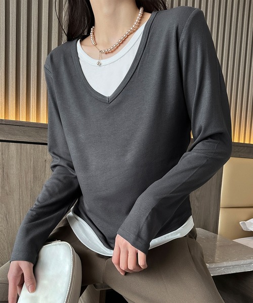 BANICO(バニコ)の「【Banico】Vネックシンプル長袖トップス(Tシャツ/カットソー・レディース・ダークグレー/チョコ/ベージュ/ブラック・FREE)」の18枚目の写真