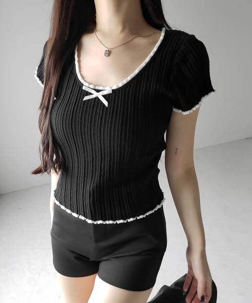 me+em select(ミームセレクト)の「※※【 2color 】ミニリボンオープンネック半袖ニットトップス / mini ribbon open neck short sleeve knit tops(Tシャツ/カットソー・レディース・ブラック/ホワイト・FREE)」の8枚目の写真