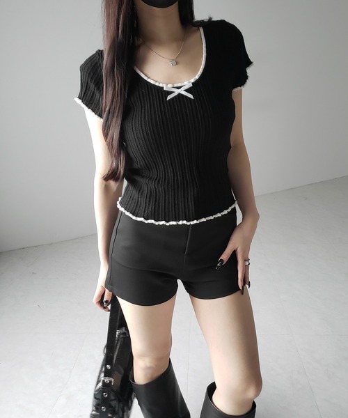 me+em select(ミームセレクト)の「※※【 2color 】ミニリボンオープンネック半袖ニットトップス / mini ribbon open neck short sleeve knit tops(Tシャツ/カットソー・レディース・ブラック/ホワイト・FREE)」の11枚目の写真