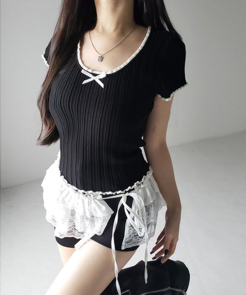 me+em select(ミームセレクト)の「※※【 2color 】ミニリボンオープンネック半袖ニットトップス / mini ribbon open neck short sleeve knit tops(Tシャツ/カットソー・レディース・ブラック/ホワイト・FREE)」の14枚目の写真