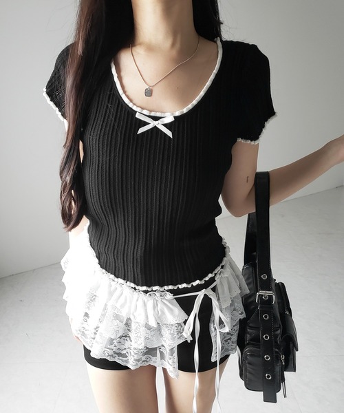 me+em select(ミームセレクト)の「※※【 2color 】ミニリボンオープンネック半袖ニットトップス / mini ribbon open neck short sleeve knit tops(Tシャツ/カットソー・レディース・ブラック/ホワイト・FREE)」の15枚目の写真