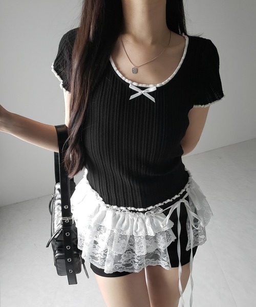 me+em select(ミームセレクト)の「※※【 2color 】ミニリボンオープンネック半袖ニットトップス / mini ribbon open neck short sleeve knit tops(Tシャツ/カットソー・レディース・ブラック/ホワイト・FREE)」の20枚目の写真