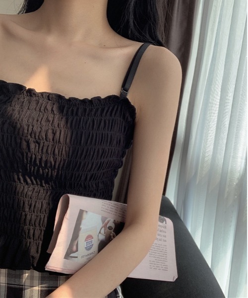 WEGO（ウィゴー）の「WEGO/シャーリングカップ付きキャミソール(肩紐取外し可能)（キャミソール・レディース・ブラック/ホワイト/グレー/レッド/カーキ/マスタード・FREE）」の7枚目の写真