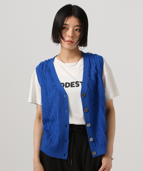 BAYFLOW(ベイフロー)の「カットフリンジニットベスト(ベスト・レディース・ブルー/アイボリー/ブラック・FREE)」の1枚目の写真