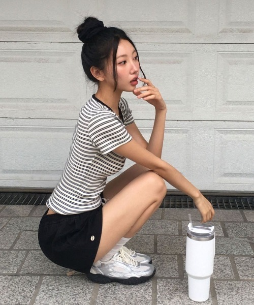 BEIDELLI（ベイデリー）の「[MADE] ストライプUネック半袖Tシャツ（Tシャツ/カットソー・レディース・キャメル/ピンク/ネイビー/ブラック/ブルー/グレー・FREE）」の12枚目の写真