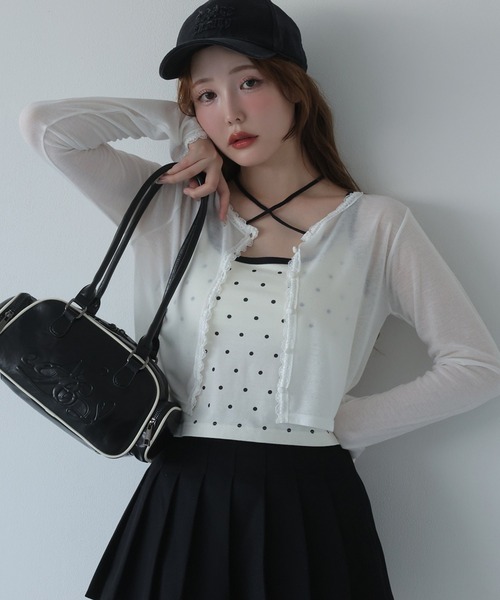 one after another NICE CLAUP(ワンアフターアナザーナイスクラップ)の「レースカットカーディガン(カーディガン/ボレロ・レディース・ピンク/ラベンダー/ブラック/杢グレー/オフホワイト・FREE)」の2枚目の写真