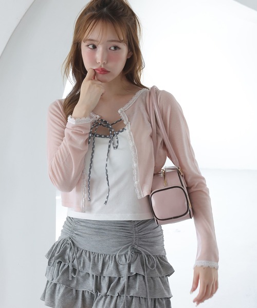 one after another NICE CLAUP(ワンアフターアナザーナイスクラップ)の「レースカットカーディガン(カーディガン/ボレロ・レディース・ピンク/ラベンダー/ブラック/杢グレー/オフホワイト・FREE)」の5枚目の写真