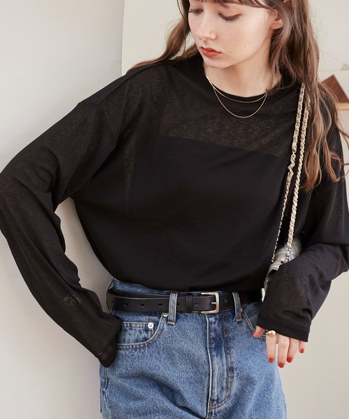 ANGIE（アンジー）の「着丈が選べる シアー スラブ ロンT（Tシャツ/カットソー・レディース・ブラック/ワイン/チャコールグレー/ベージュ/ホワイト/ダークブラウン・MEDIUM/MT）」の3枚目の写真