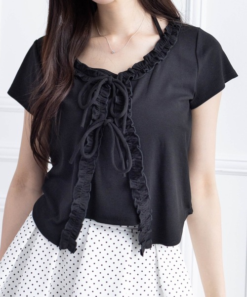 clear（クリア）の「インナー付きフリルカットソートップス［フェミニン カジュアル レイヤード］（Tシャツ/カットソー・レディース・オフホワイト/イエロー/ブラック・F）」の2枚目の写真