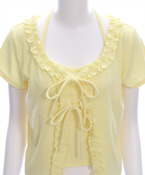 clear（クリア）の「インナー付きフリルカットソートップス［フェミニン カジュアル レイヤード］（Tシャツ/カットソー・レディース・オフホワイト/イエロー/ブラック・F）」の9枚目の写真