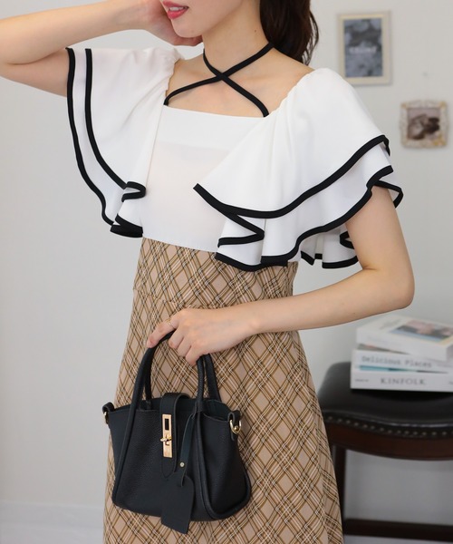 セール】ダブルフリルフレア袖 チェックスカート ドッキング