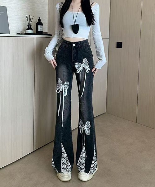 gossip!ロサンゼルス(ゴシップロサンゼルス)の「レース蝶リボン装飾 裾パッチワーク ハイウエストフレアデニムパンツ レディース Y2K 甘辛ストリート(デニムパンツ・レディース・ブラック・S/M/L)」の6枚目の写真