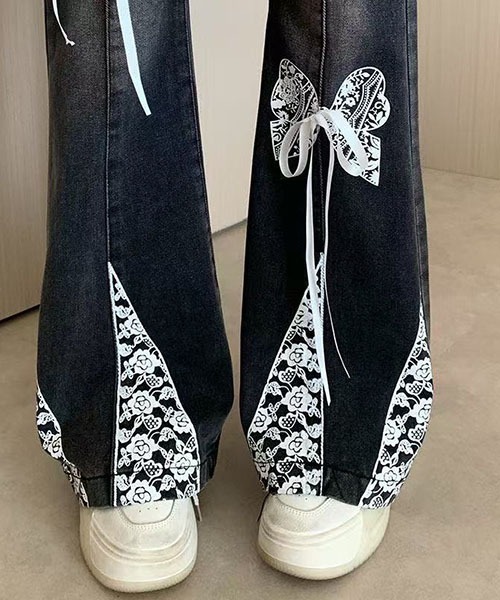 gossip!ロサンゼルス(ゴシップロサンゼルス)の「レース蝶リボン装飾 裾パッチワーク ハイウエストフレアデニムパンツ レディース Y2K 甘辛ストリート(デニムパンツ・レディース・ブラック・S/M/L)」の8枚目の写真